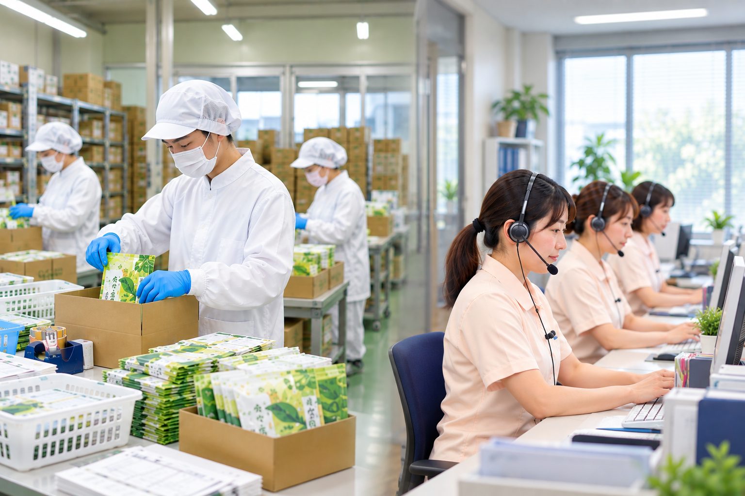 出荷場で商品を箱に詰めるスタッフと、電話で受注するオペレーター